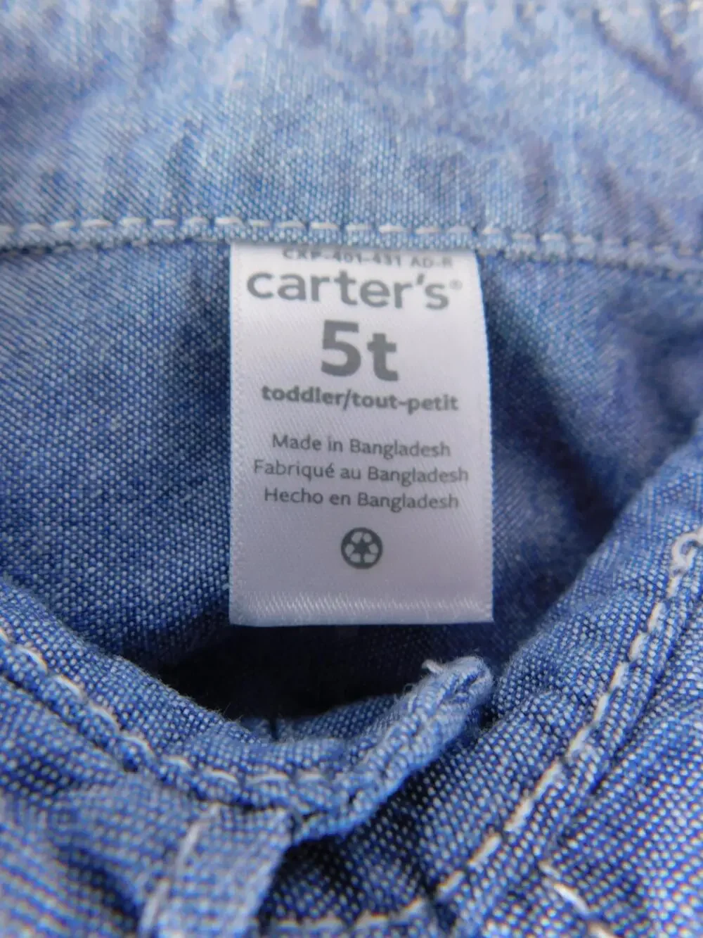 Carter's Shirt Boys 5T Blue Denim Short Sleeve Button-Up Embroidered Dino Pocket
